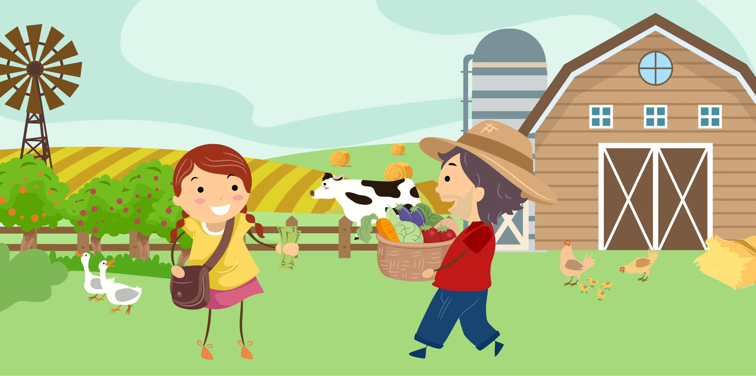 Cheerful Farm Life Animation: Children Exploring Rural Countryside Landscape