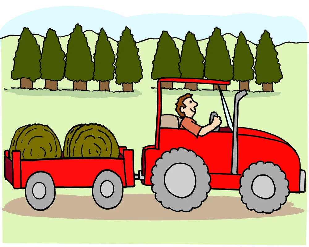 Cheerful Farm Tractor Hauling Hay Bales Through Scenic Pine Forest Animation