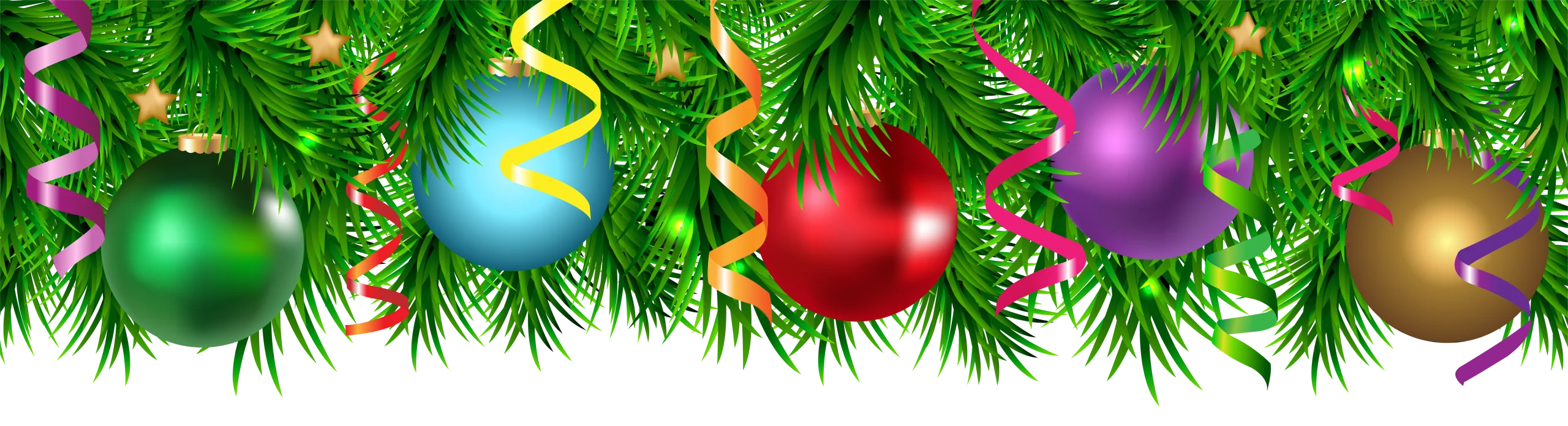 Festive Christmas Holiday Border Clipart with Sparkling Ornaments and Pine Branches