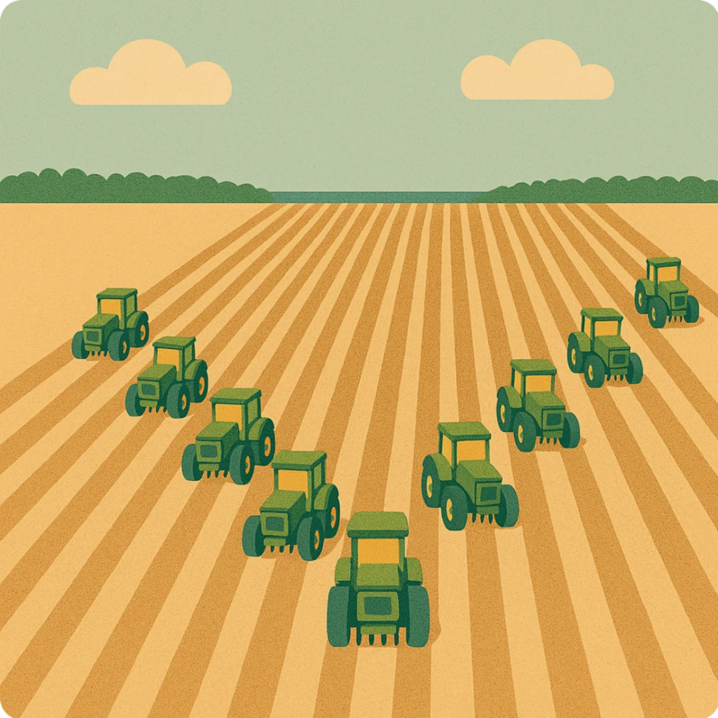 Green Tractors Plowing Golden Fields: A Rhythmic Agricultural Animation Landscape