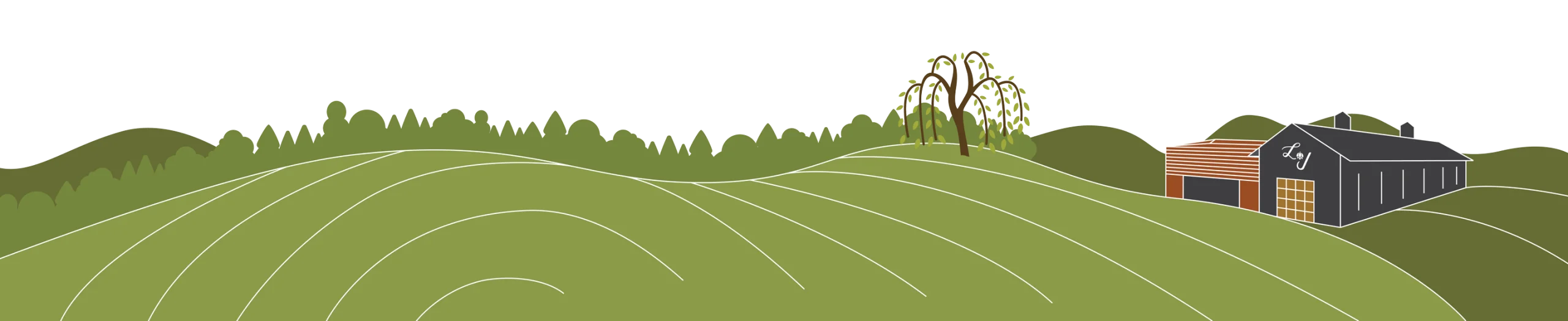 Rolling Green Farmland Landscape with Red Barn - Serene Animation Illustration