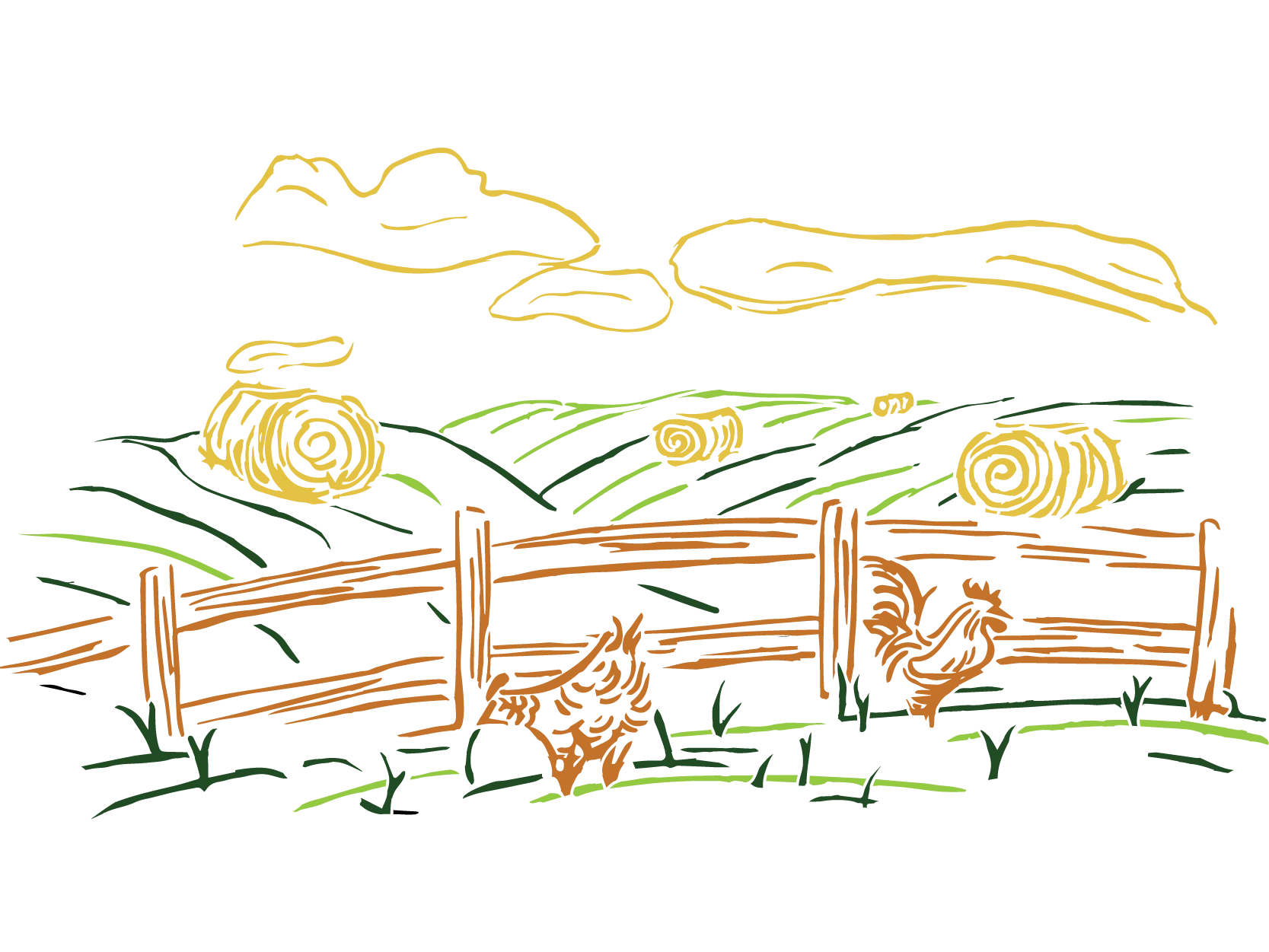 Rustic Farm Landscape Animation with Rolling Hay Bales and Wooden Fence