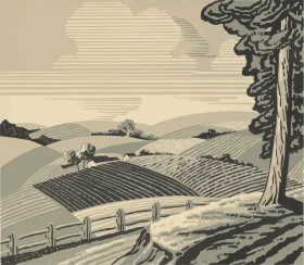 Rustic Farmland Panorama: A Vintage Animation Sketch of Rural Landscape