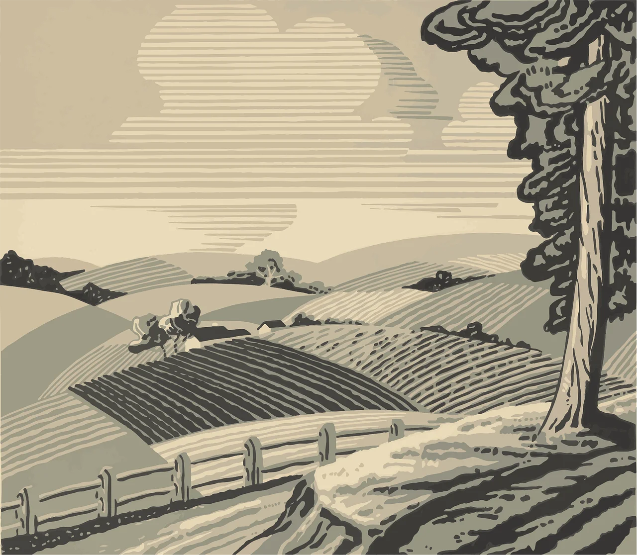 Rustic Farmland Panorama: A Vintage Animation Sketch of Rural Landscape