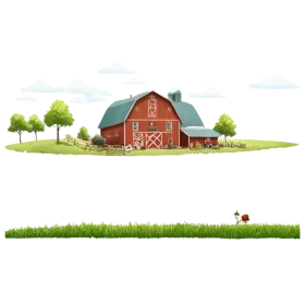 Rustic Red Barn Animation: Serene Rural Landscape with Green Pastures and Trees