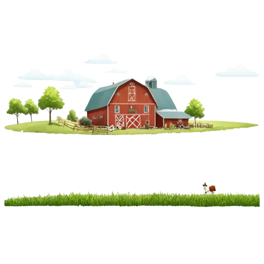 Rustic Red Barn Animation: Serene Rural Landscape with Green Pastures and Trees