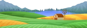 Serene Mountain Farm Landscape: A Colorful Animation of Rural Agricultural Scenery