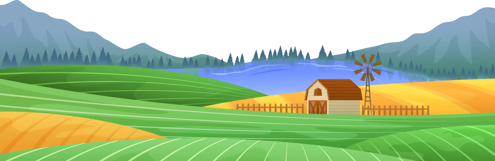 Serene Mountain Farm Landscape: A Colorful Animation of Rural Agricultural Scenery