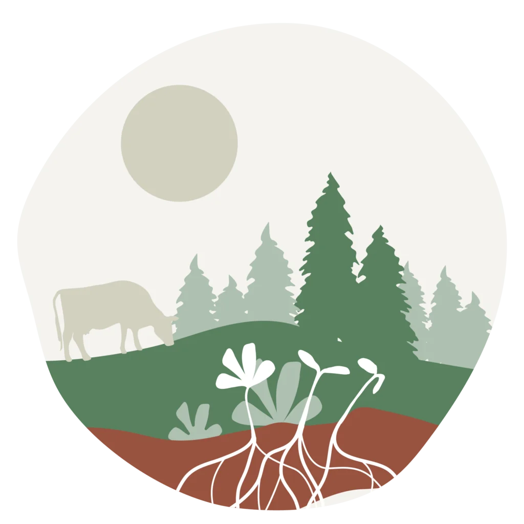 Serene Rural Landscape Animation with Forest, Grazing Cow, and Root System