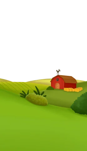 Serene Rural Landscape: Charming Red Barn Animation in Rolling Green Fields