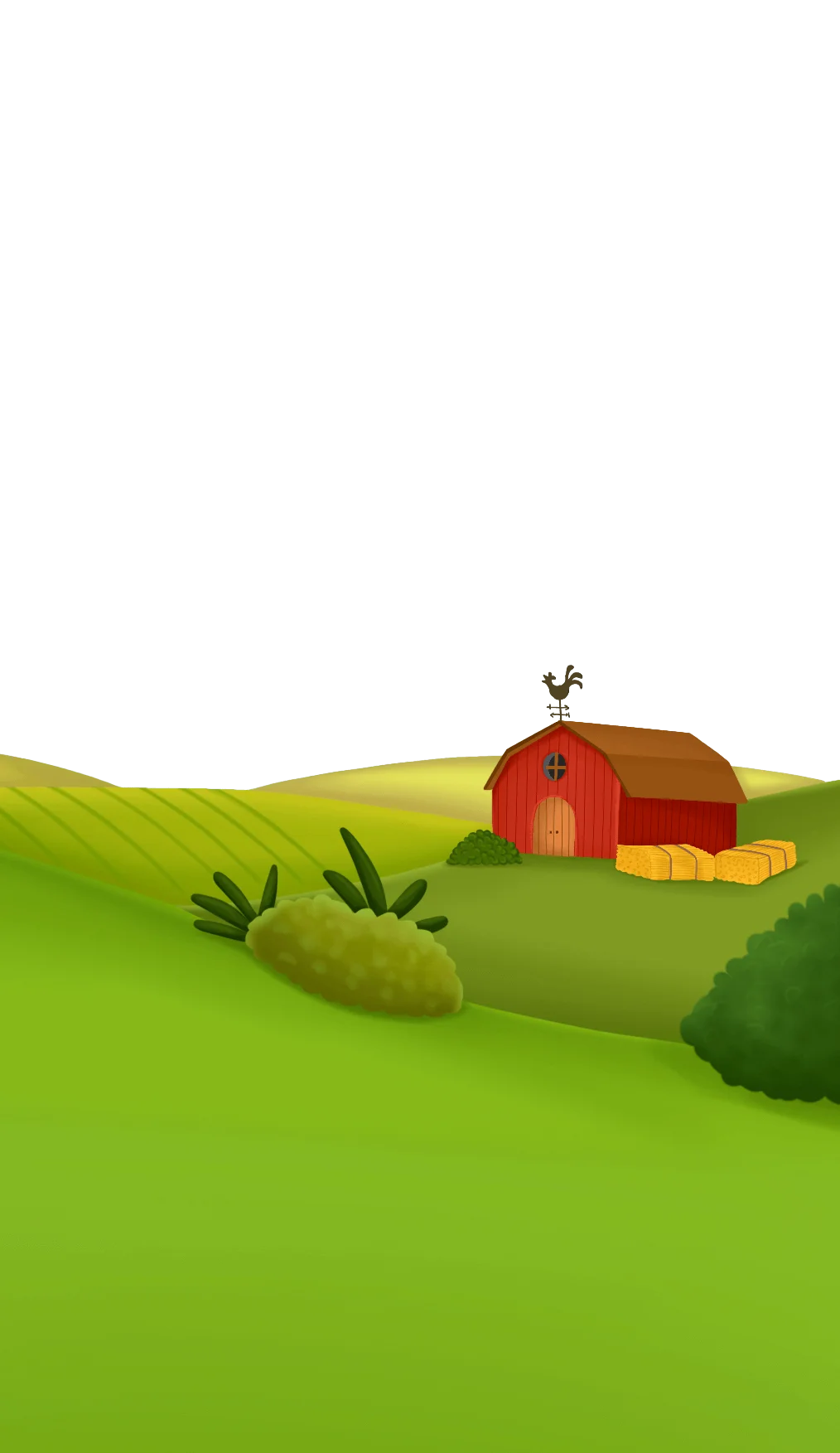 Serene Rural Landscape: Charming Red Barn Animation in Rolling Green Fields