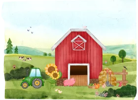 Whimsical Rural Animation Scene with Classic Red Barn and Green Tractor