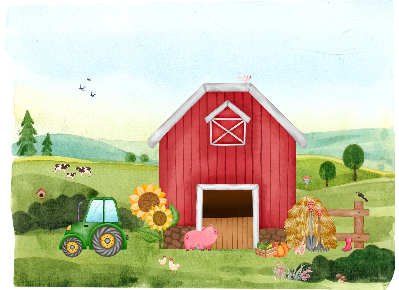 Whimsical Rural Animation Scene with Classic Red Barn and Green Tractor