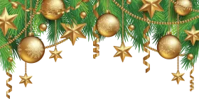 Elegant Golden Christmas Ornaments and Pine Branches Holiday Clipart Border Design