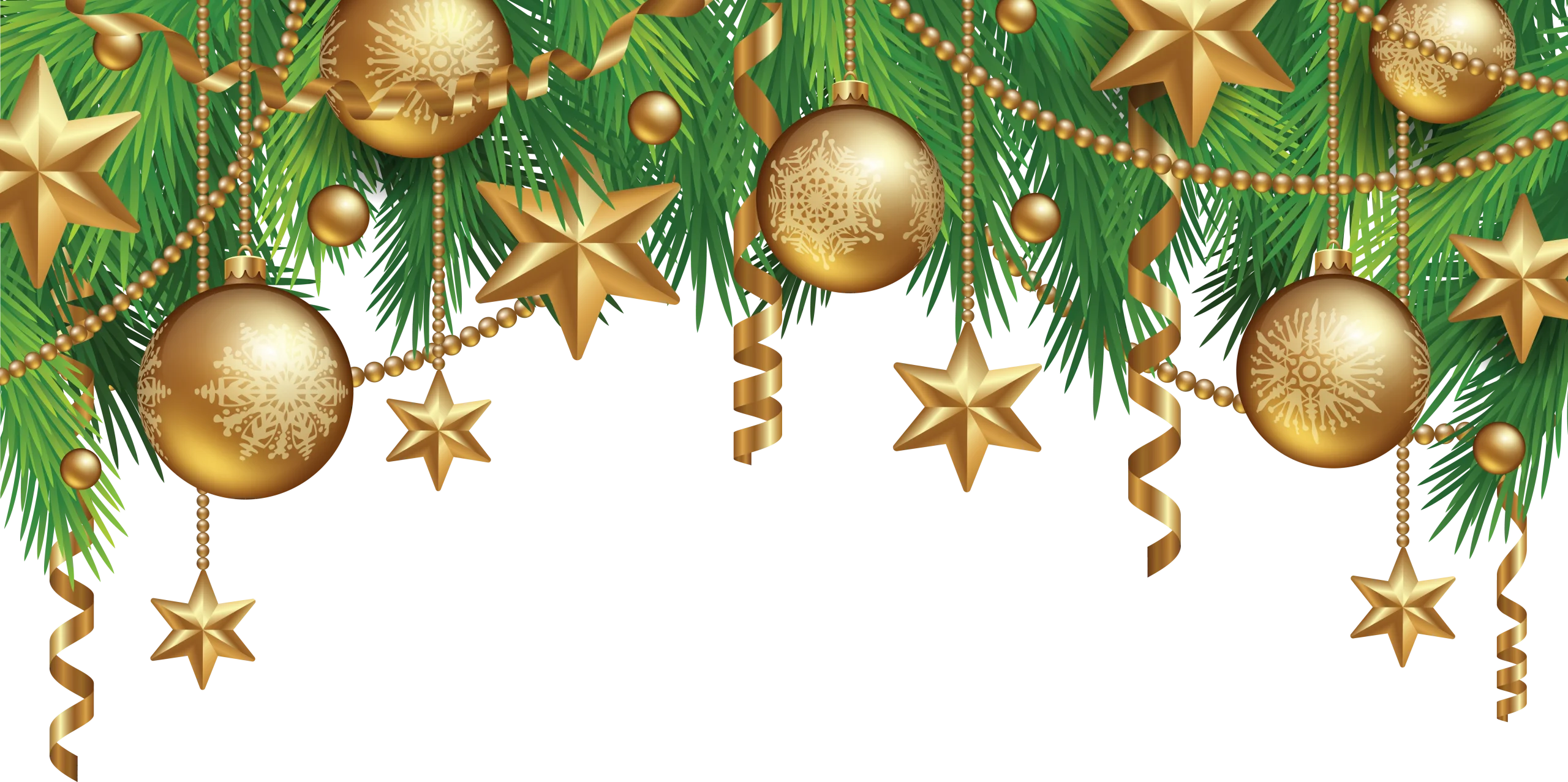 Elegant Golden Christmas Ornaments and Pine Branches Holiday Clipart Border Design