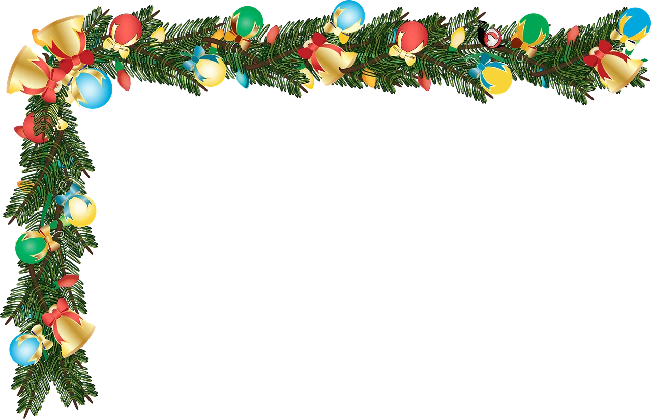 Festive Christmas Garland Clipart Border with Colorful Ornaments and Pine Branches