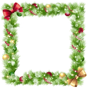 Festive Christmas Green Pine Garland Clipart Border with Golden Baubles and Red Ribbons