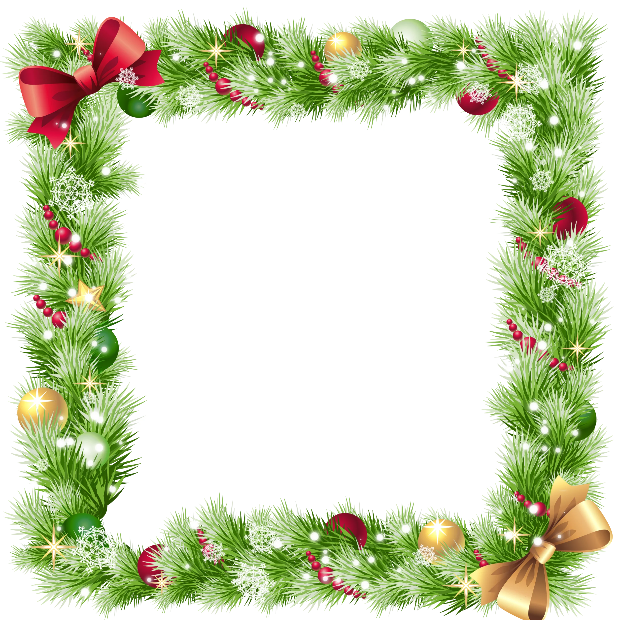 Festive Christmas Green Pine Garland Clipart Border with Golden Baubles and Red Ribbons