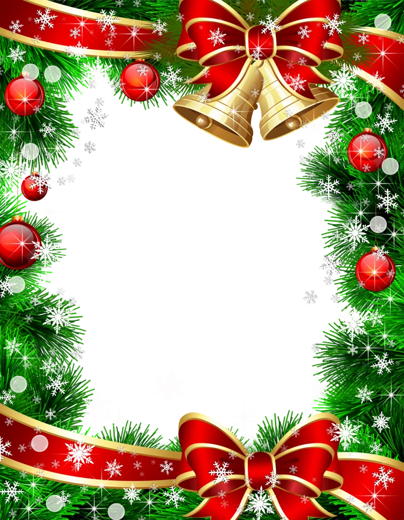 Festive Christmas Holiday Border Clipart with Golden Bells and Red Ribbons