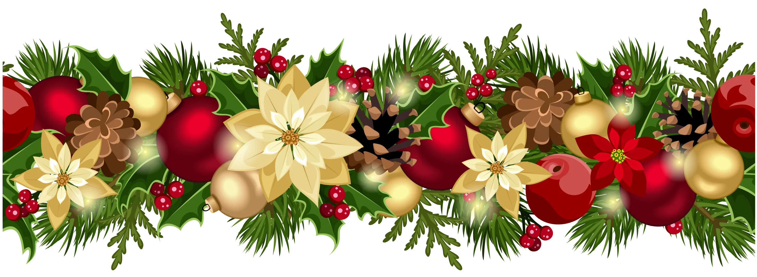 Festive Christmas Holiday Border Clipart with Ornaments and Pine Greenery Decoration