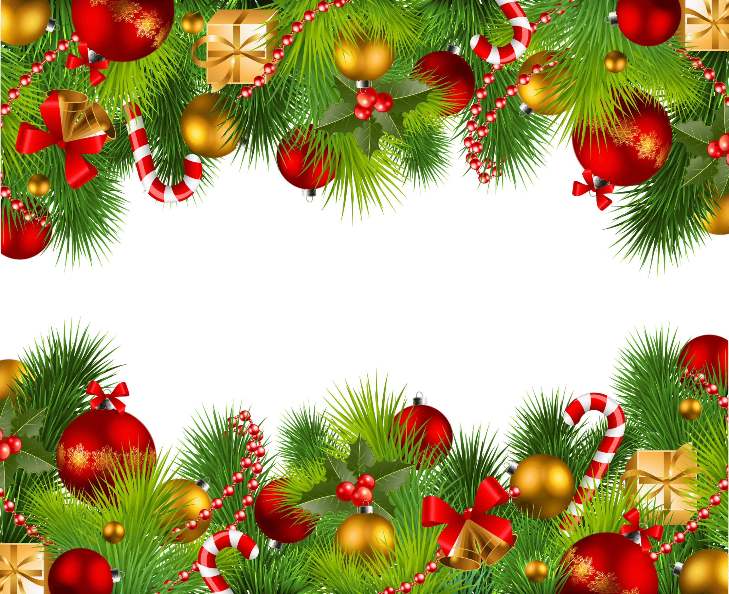 Festive Christmas Holiday Border Clipart with Ornaments, Pine Branches, and Candy Canes