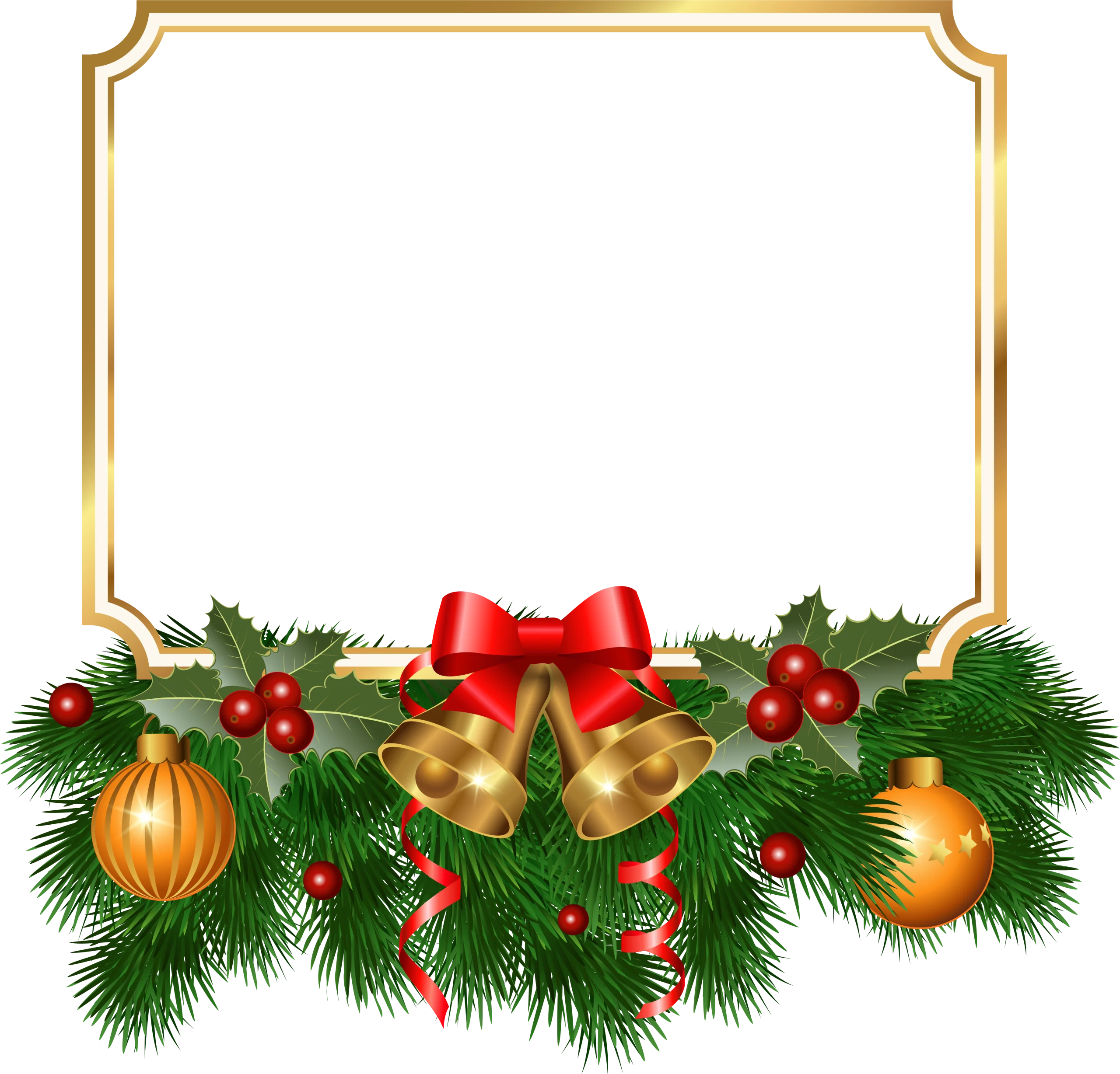 Festive Christmas Holiday Frame with Golden Bells and Pine Garland Clipart Design