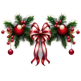 Festive Christmas Holiday Garland Clipart with Red Ribbons and Ornaments