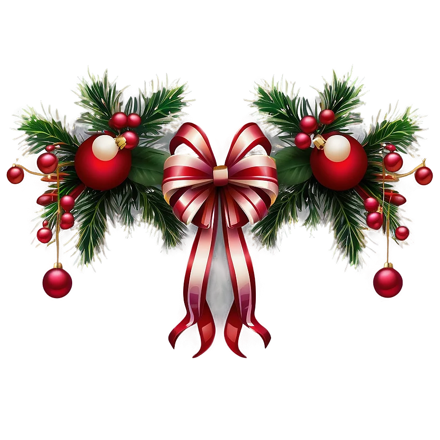 Festive Christmas Holiday Garland Clipart with Red Ribbons and Ornaments