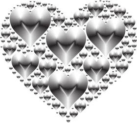 Monochromatic Reflective Heart-Shaped Cluster of Metallic 3D Love Symbols Clipart Design
