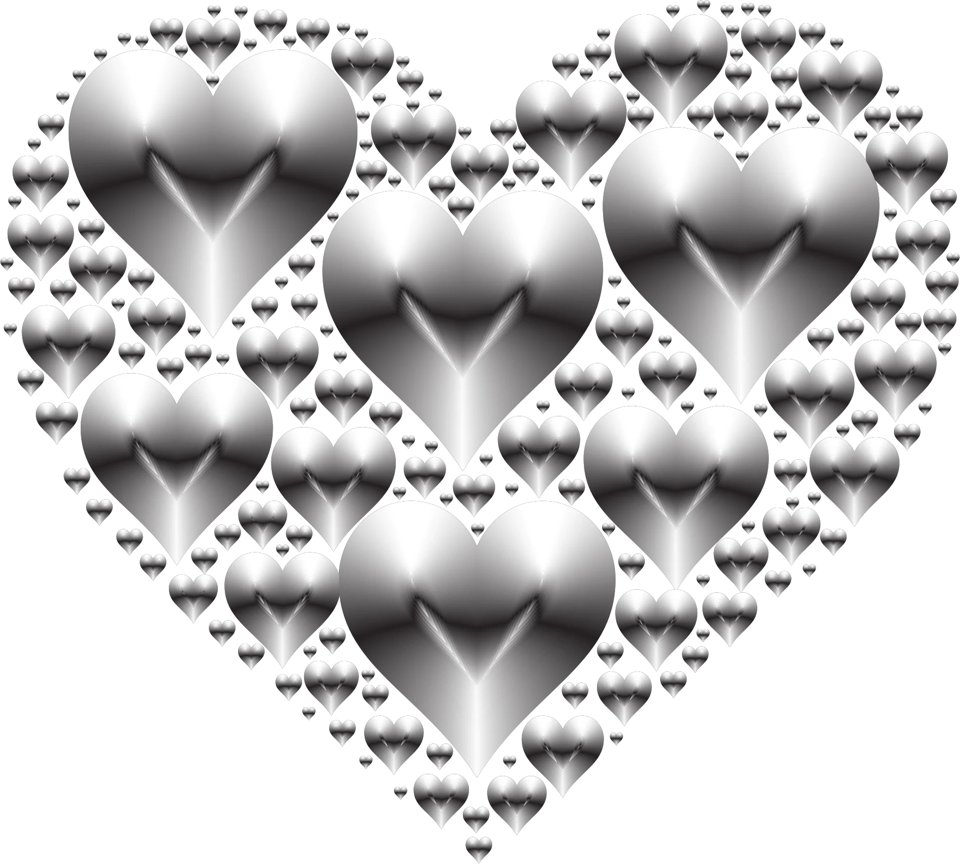 Monochromatic Reflective Heart-Shaped Cluster of Metallic 3D Love Symbols Clipart Design