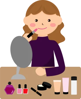Cheerful Young Girl Applying Makeup at Vanity Mirror Clipart Illustration