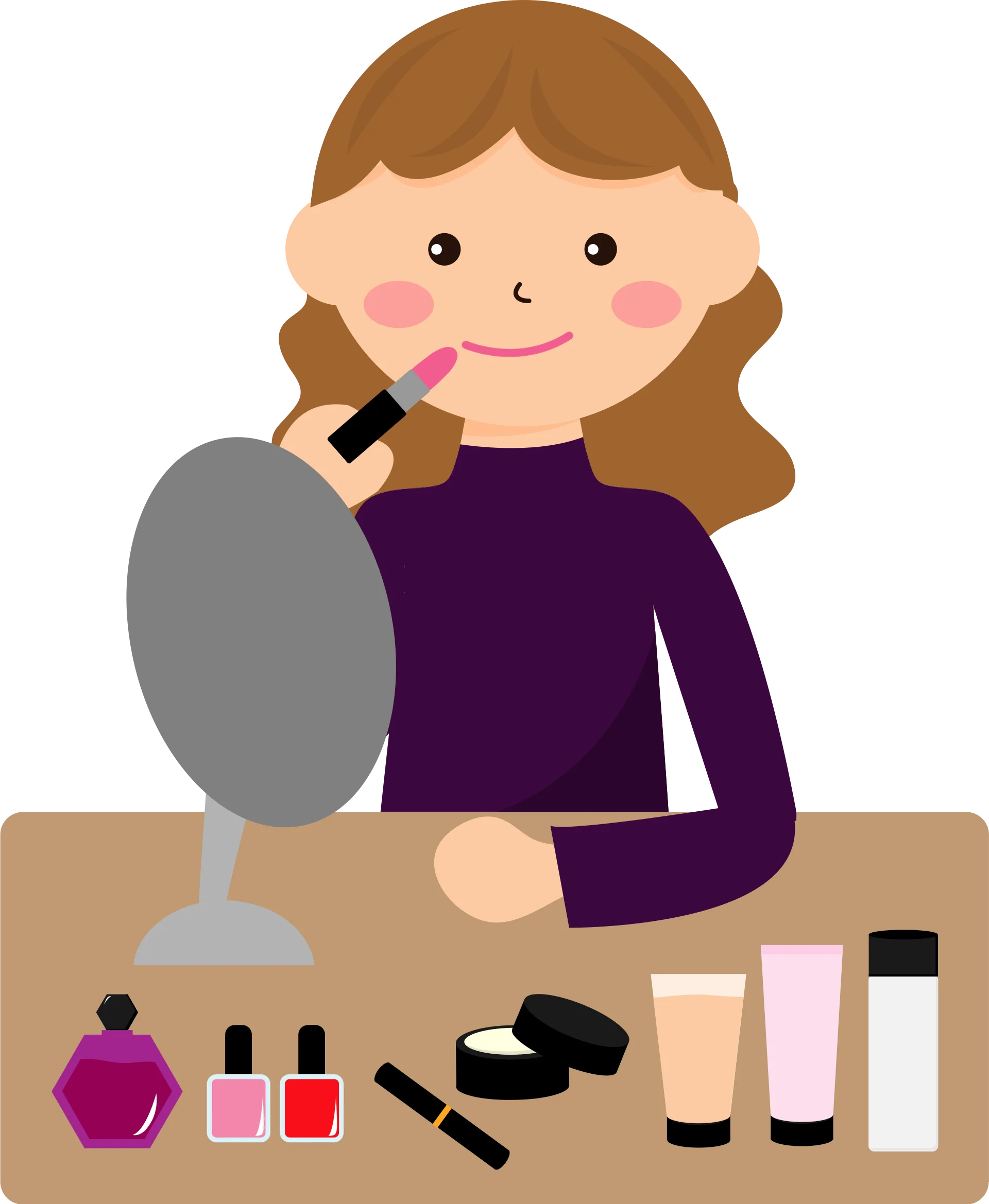 Cheerful Young Girl Applying Makeup at Vanity Mirror Clipart Illustration