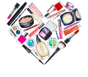 Artistic Heart-Shaped Cosmetic Makeup Clipart Composition of Beauty Essentials