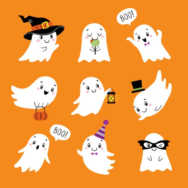 Adorable Halloween Spooky Little Ghosts Kawaii Cartoon Clipart Collection