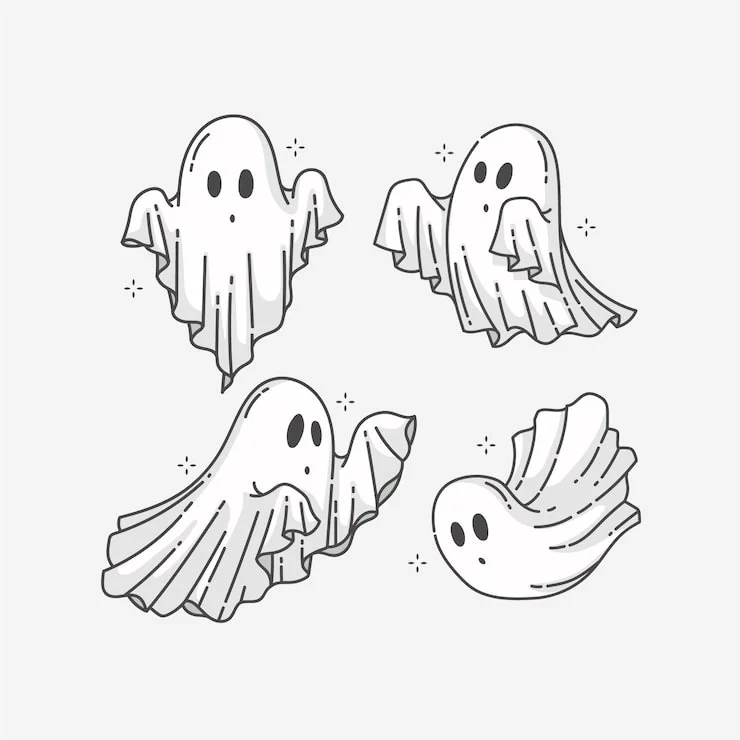 Whimsical Hand-Drawn Spooky Ghost Clipart Collection with Playful Expressions