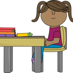 Cheerful Elementary School Student Sitting at Desk with School Supplies Clipart Illustration