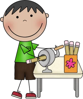 Cheerful Elementary School Student Using Pencil Sharpener Clipart Illustration