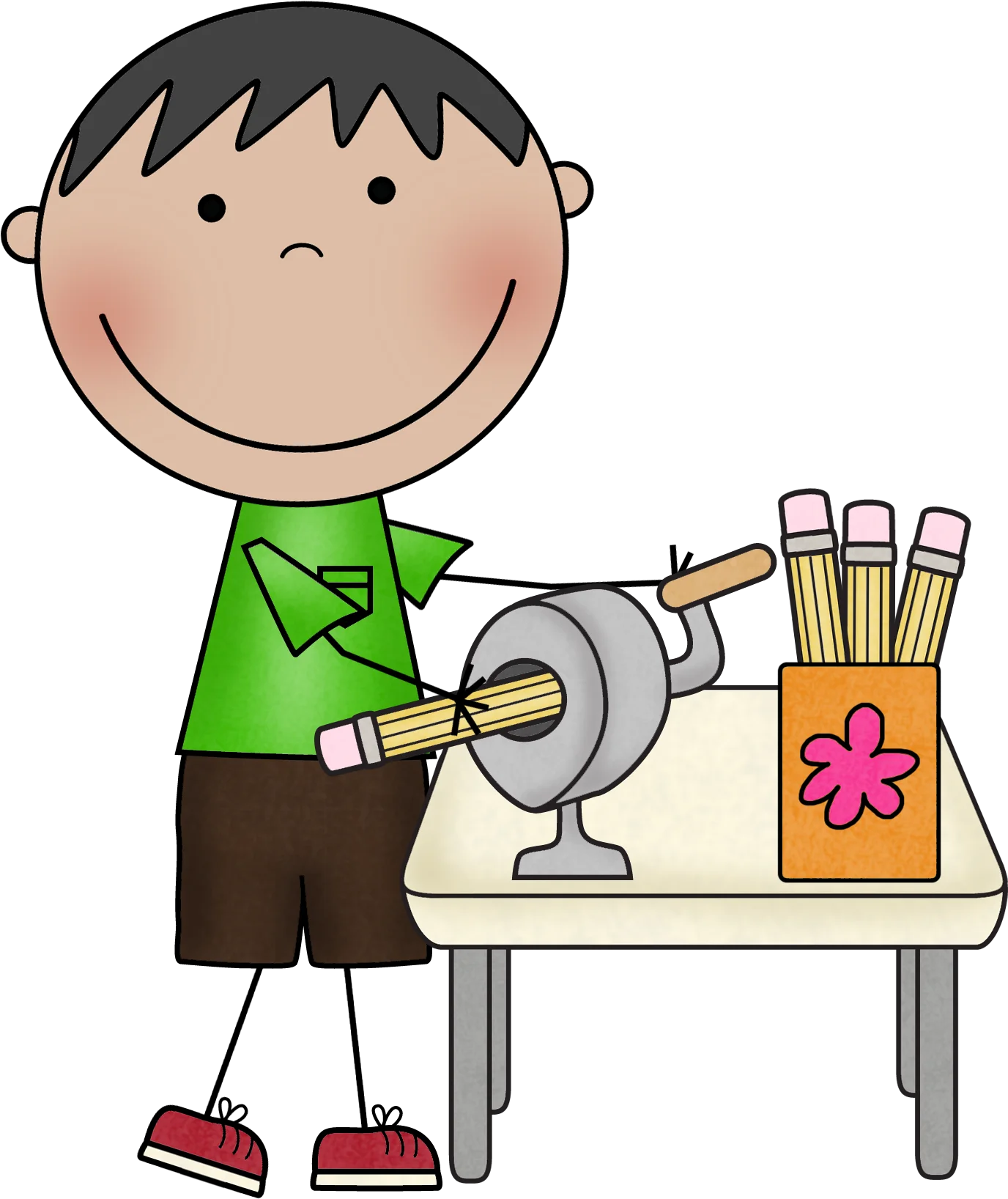 Cheerful Elementary School Student Using Pencil Sharpener Clipart Illustration