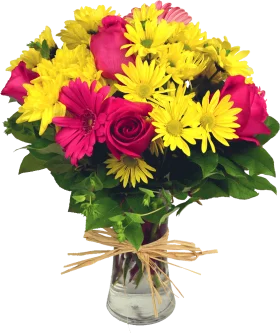Cheerful Spring Flower Animation in Glass Vase with Radiant Yellow and Pink Blooms