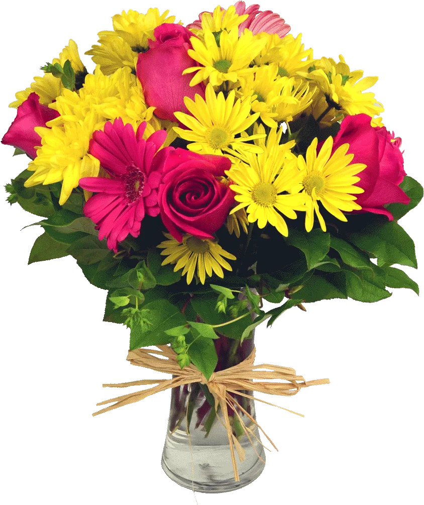 Cheerful Spring Flower Animation in Glass Vase with Radiant Yellow and Pink Blooms