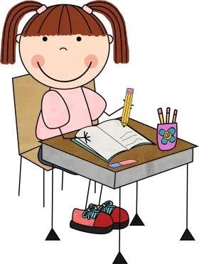 Elementary School Girl Studying at Desk with Cheerful Cartoon Clipart Style