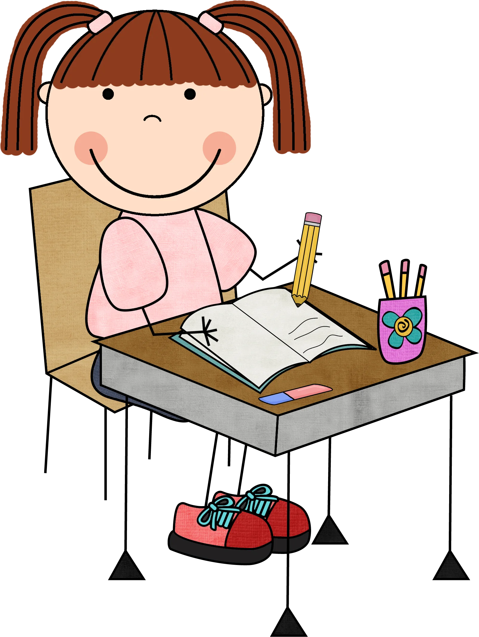 Elementary School Girl Studying at Desk with Cheerful Cartoon Clipart Style