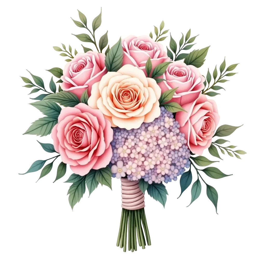 Soft Pastel Rose and Hydrangea Floral Bouquet Animation Watercolor Design