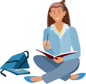 Studious Female Student Sitting Cross-Legged with Book and Backpack Clipart Illustration