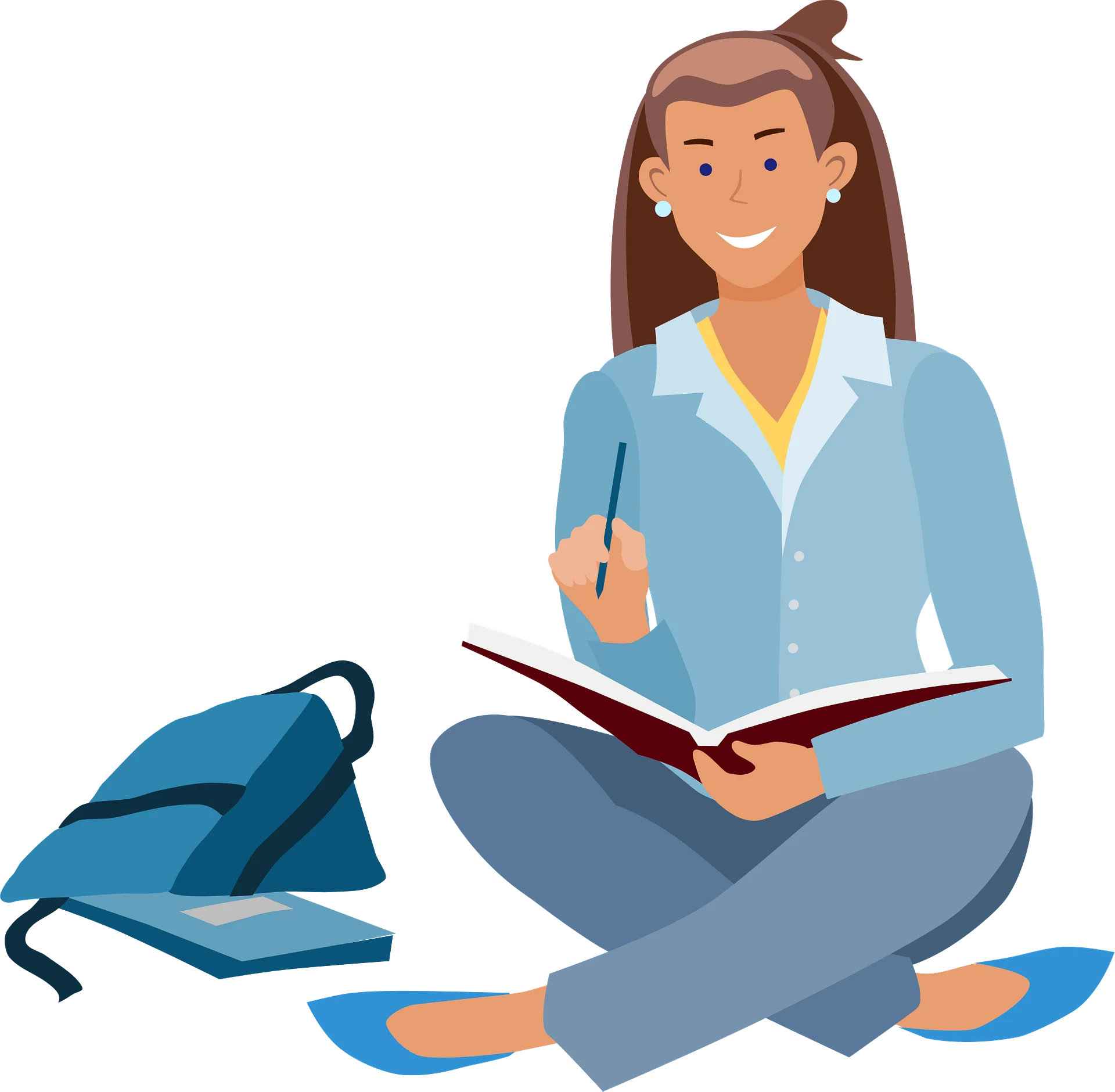 Studious Female Student Sitting Cross-Legged with Book and Backpack Clipart Illustration