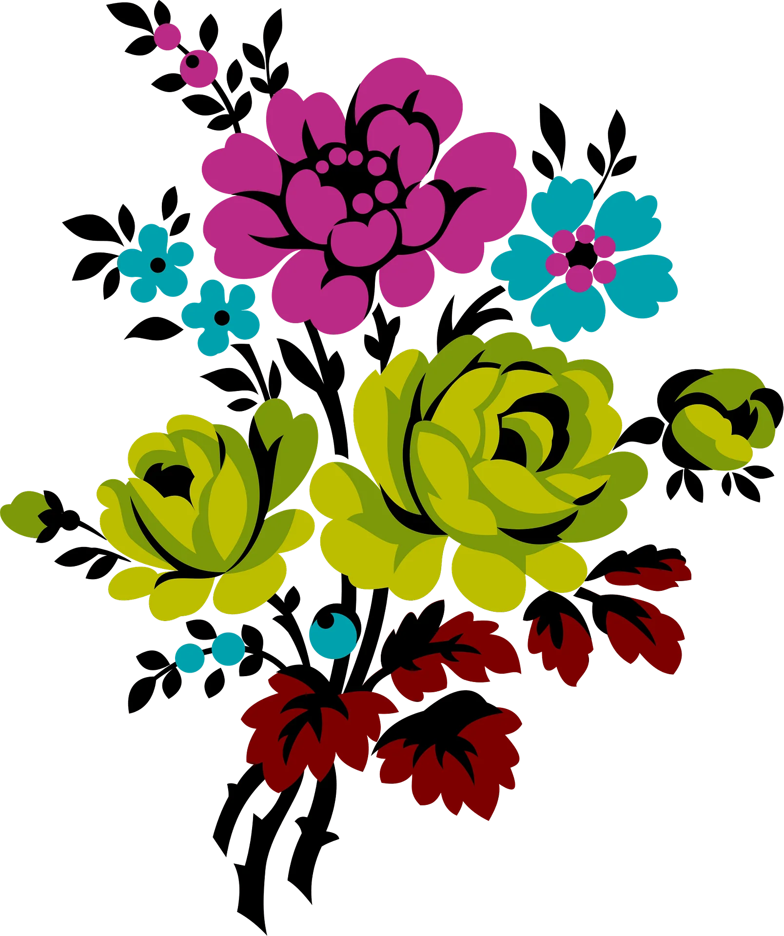 Whimsical Hand-Drawn Floral Animation Bouquet with Colorful Bloom Arrangement