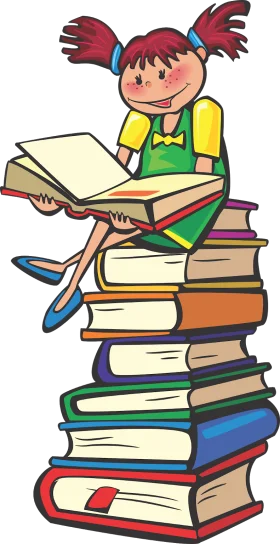 Young Student Reading on a Towering Stack of Colorful Books Clipart Illustration
