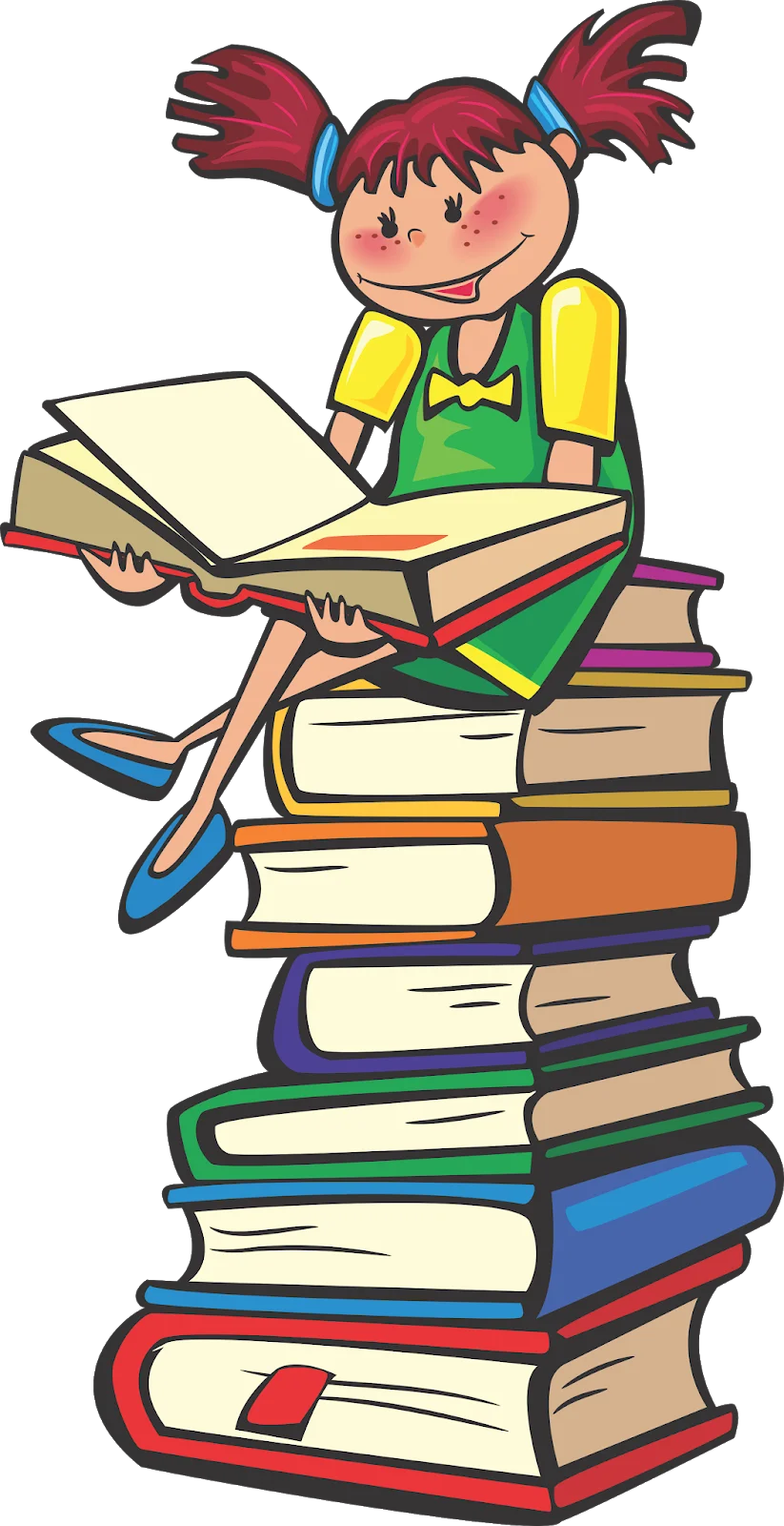 Young Student Reading on a Towering Stack of Colorful Books Clipart Illustration