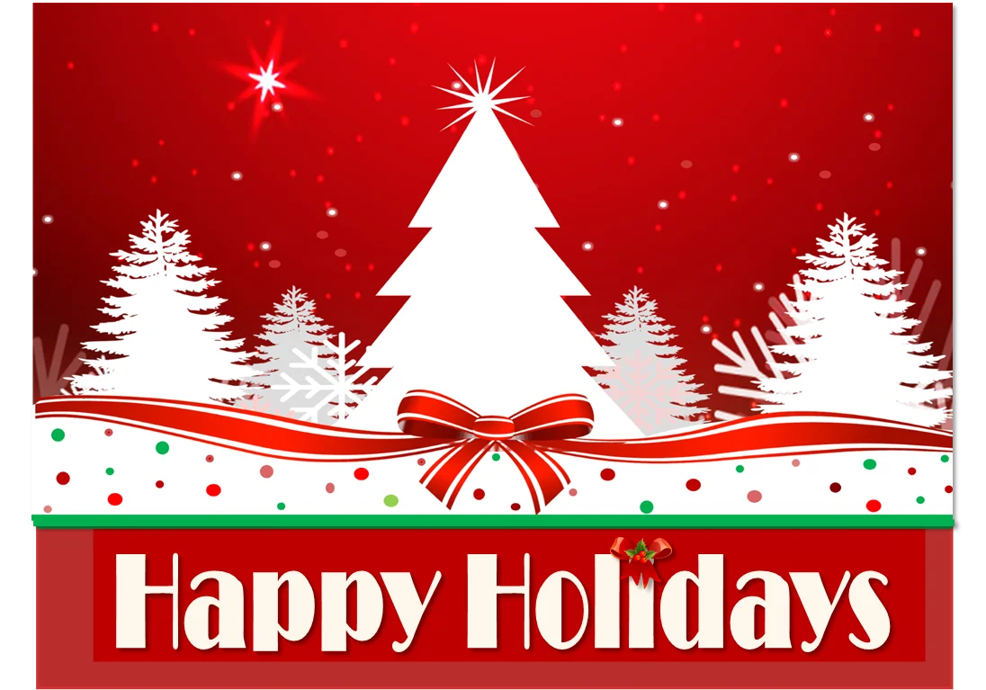 Festive Christmas Landscape Clipart with Sparkling White Pine Trees and Red Ribbon