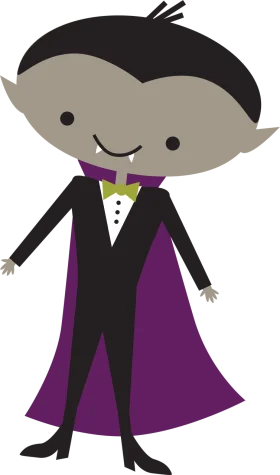 Adorable Cartoon Vampire Clipart in Stylish Black and Purple Costume